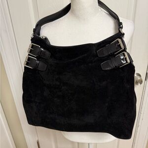 Cole Haan Chic Black Suede Shoulder Bag with Buckle Accents